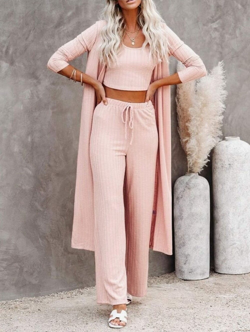 3pcs Light Pink Lounge Set Long Sleeve Cardigan Sleeveless Top Pants Sweatsuit